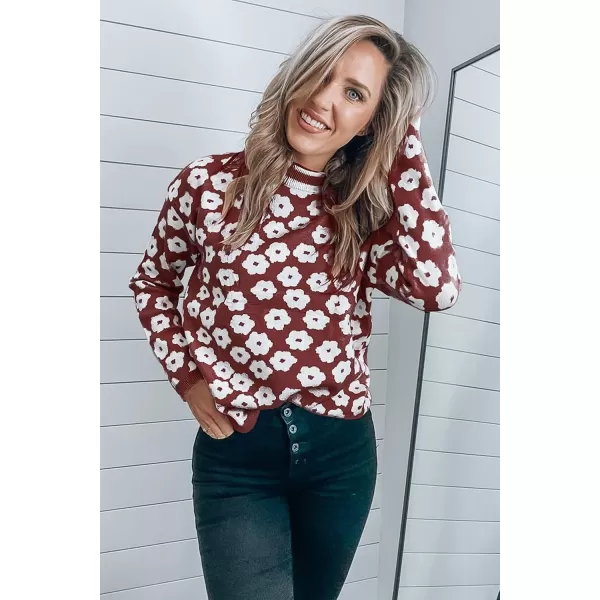 imagePRETTYGARDEN Womens Knit Sweater Casual Crewneck Long Sleeve Floral Print Lightweight Pullover SweatshirtBrown