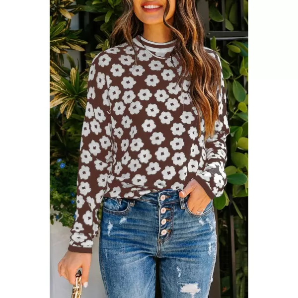 imagePRETTYGARDEN Womens Knit Sweater Casual Crewneck Long Sleeve Floral Print Lightweight Pullover SweatshirtCoffee
