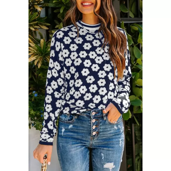 imagePRETTYGARDEN Womens Knit Sweater Casual Crewneck Long Sleeve Floral Print Lightweight Pullover SweatshirtNavy
