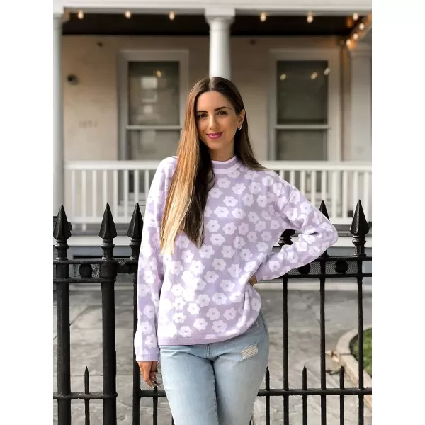 imagePRETTYGARDEN Womens Knit Sweater Casual Crewneck Long Sleeve Floral Print Lightweight Pullover SweatshirtPurple