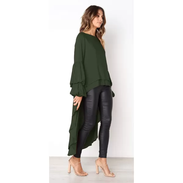 imagePRETTYGARDEN Womens Lantern Long Sleeve Round Neck High Low Asymmetrical Irregular Hem Casual Tops Blouse Shirt DressArmy Green