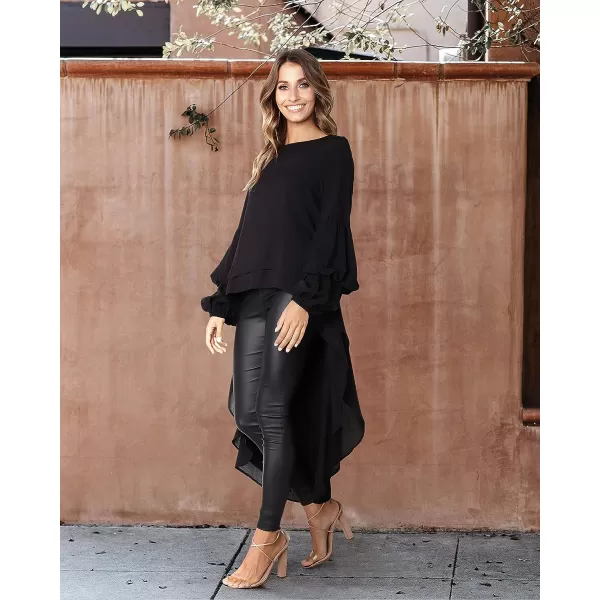 imagePRETTYGARDEN Womens Lantern Long Sleeve Round Neck High Low Asymmetrical Irregular Hem Casual Tops Blouse Shirt DressBlack