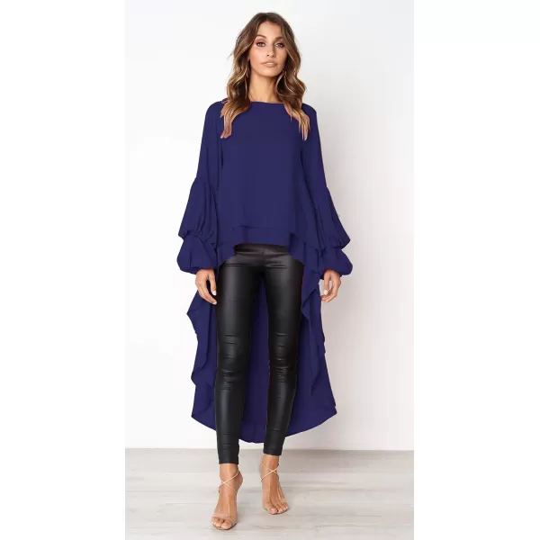 imagePRETTYGARDEN Womens Lantern Long Sleeve Round Neck High Low Asymmetrical Irregular Hem Casual Tops Blouse Shirt DressBlue