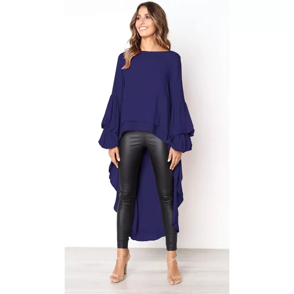 imagePRETTYGARDEN Womens Lantern Long Sleeve Round Neck High Low Asymmetrical Irregular Hem Casual Tops Blouse Shirt DressBlue