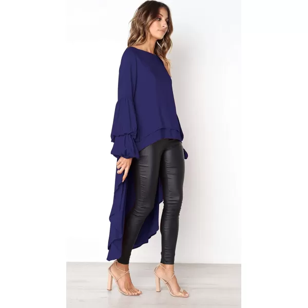 imagePRETTYGARDEN Womens Lantern Long Sleeve Round Neck High Low Asymmetrical Irregular Hem Casual Tops Blouse Shirt DressBlue