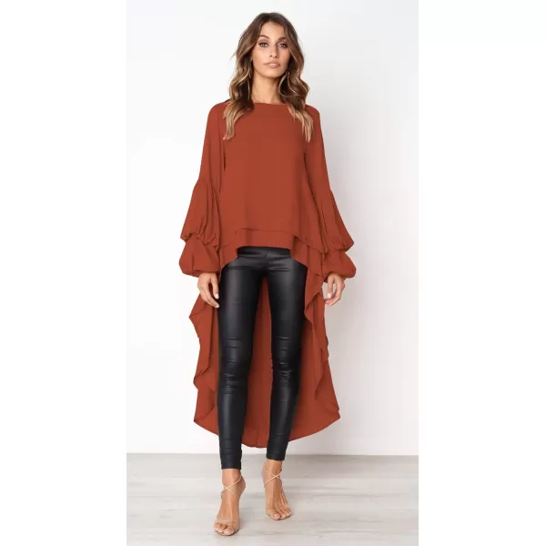 imagePRETTYGARDEN Womens Lantern Long Sleeve Round Neck High Low Asymmetrical Irregular Hem Casual Tops Blouse Shirt DressBrick Red