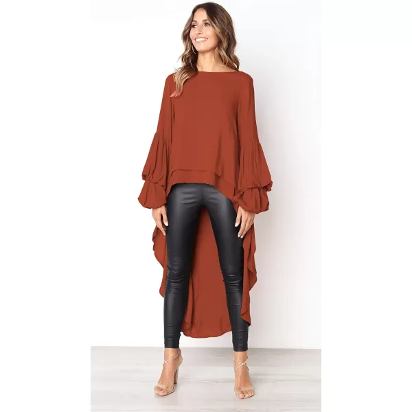 imagePRETTYGARDEN Womens Lantern Long Sleeve Round Neck High Low Asymmetrical Irregular Hem Casual Tops Blouse Shirt DressBrick Red
