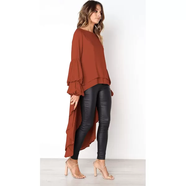 imagePRETTYGARDEN Womens Lantern Long Sleeve Round Neck High Low Asymmetrical Irregular Hem Casual Tops Blouse Shirt DressBrick Red
