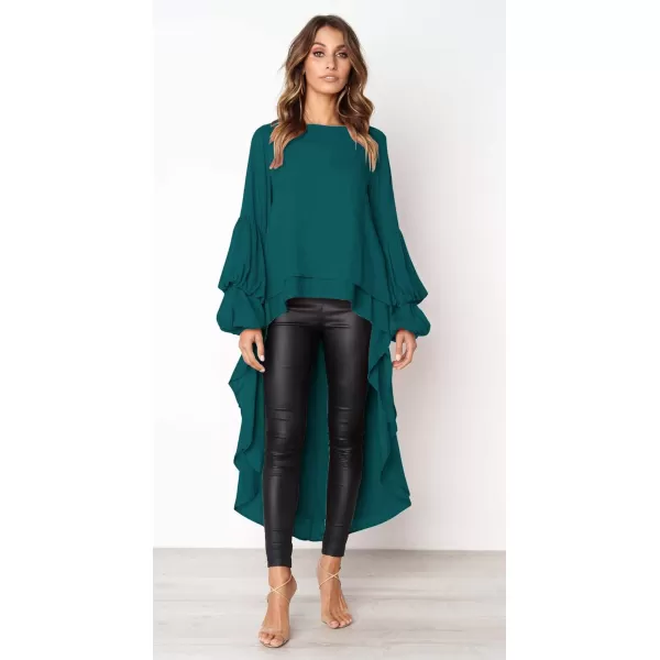 imagePRETTYGARDEN Womens Lantern Long Sleeve Round Neck High Low Asymmetrical Irregular Hem Casual Tops Blouse Shirt DressDark Green