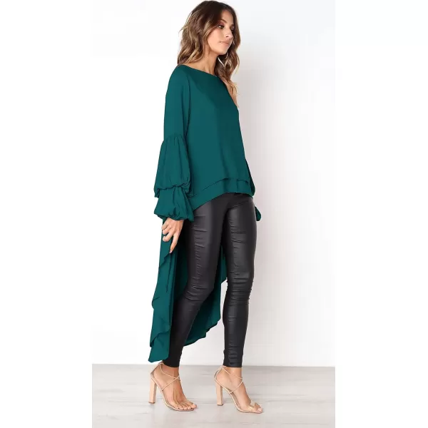 imagePRETTYGARDEN Womens Lantern Long Sleeve Round Neck High Low Asymmetrical Irregular Hem Casual Tops Blouse Shirt DressDark Green