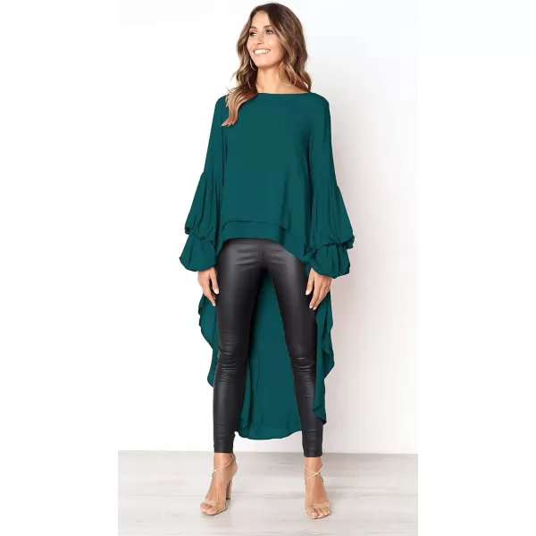 imagePRETTYGARDEN Womens Lantern Long Sleeve Round Neck High Low Asymmetrical Irregular Hem Casual Tops Blouse Shirt DressDark Green