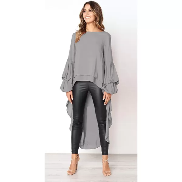 imagePRETTYGARDEN Womens Lantern Long Sleeve Round Neck High Low Asymmetrical Irregular Hem Casual Tops Blouse Shirt DressGrey