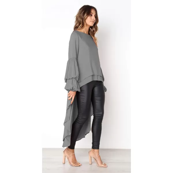 imagePRETTYGARDEN Womens Lantern Long Sleeve Round Neck High Low Asymmetrical Irregular Hem Casual Tops Blouse Shirt DressGrey