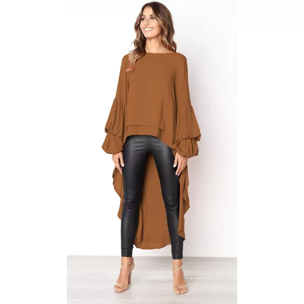 imagePRETTYGARDEN Womens Lantern Long Sleeve Round Neck High Low Asymmetrical Irregular Hem Casual Tops Blouse Shirt DressKhaki