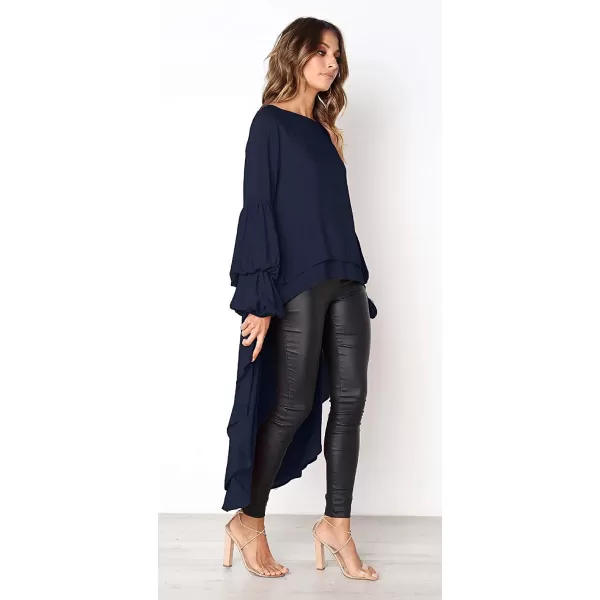 imagePRETTYGARDEN Womens Lantern Long Sleeve Round Neck High Low Asymmetrical Irregular Hem Casual Tops Blouse Shirt DressNavy