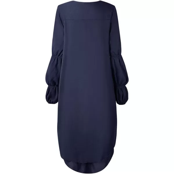 imagePRETTYGARDEN Womens Lantern Long Sleeve Round Neck High Low Asymmetrical Irregular Hem Casual Tops Blouse Shirt DressNavy