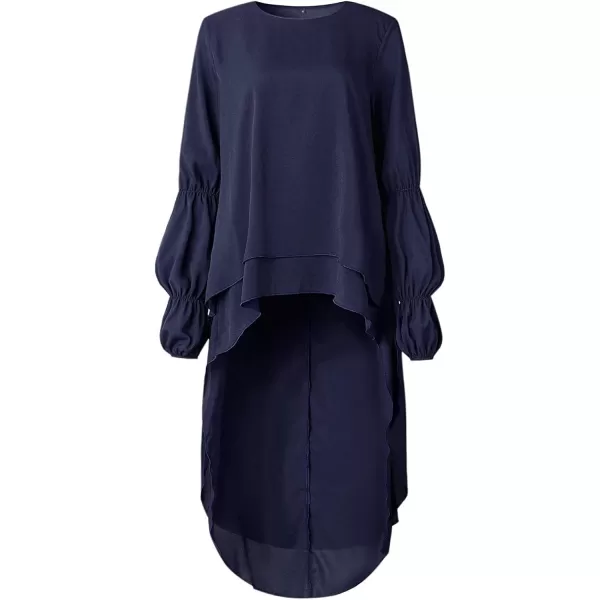 imagePRETTYGARDEN Womens Lantern Long Sleeve Round Neck High Low Asymmetrical Irregular Hem Casual Tops Blouse Shirt DressNavy