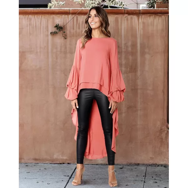 imagePRETTYGARDEN Womens Lantern Long Sleeve Round Neck High Low Asymmetrical Irregular Hem Casual Tops Blouse Shirt DressOrange