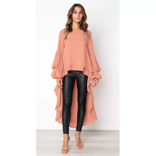 imagePRETTYGARDEN Womens Lantern Long Sleeve Round Neck High Low Asymmetrical Irregular Hem Casual Tops Blouse Shirt DressPink