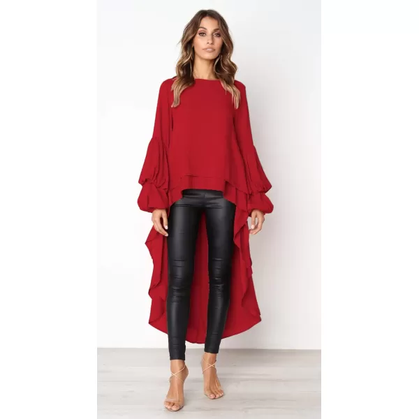 imagePRETTYGARDEN Womens Lantern Long Sleeve Round Neck High Low Asymmetrical Irregular Hem Casual Tops Blouse Shirt DressRed