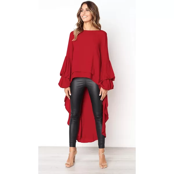 imagePRETTYGARDEN Womens Lantern Long Sleeve Round Neck High Low Asymmetrical Irregular Hem Casual Tops Blouse Shirt DressRed
