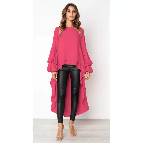 imagePRETTYGARDEN Womens Lantern Long Sleeve Round Neck High Low Asymmetrical Irregular Hem Casual Tops Blouse Shirt DressRose Red