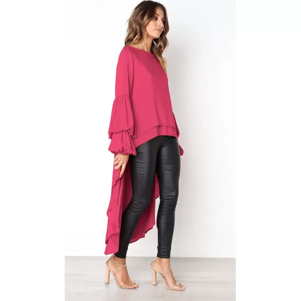 imagePRETTYGARDEN Womens Lantern Long Sleeve Round Neck High Low Asymmetrical Irregular Hem Casual Tops Blouse Shirt DressRose Red