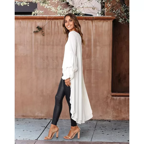 imagePRETTYGARDEN Womens Lantern Long Sleeve Round Neck High Low Asymmetrical Irregular Hem Casual Tops Blouse Shirt DressWhite