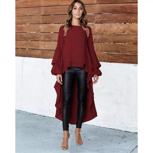 imagePRETTYGARDEN Womens Lantern Long Sleeve Round Neck High Low Asymmetrical Irregular Hem Casual Tops Blouse Shirt DressWine Red