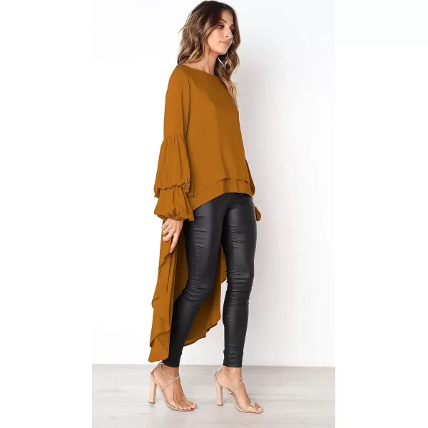 imagePRETTYGARDEN Womens Lantern Long Sleeve Round Neck High Low Asymmetrical Irregular Hem Casual Tops Blouse Shirt DressYellow