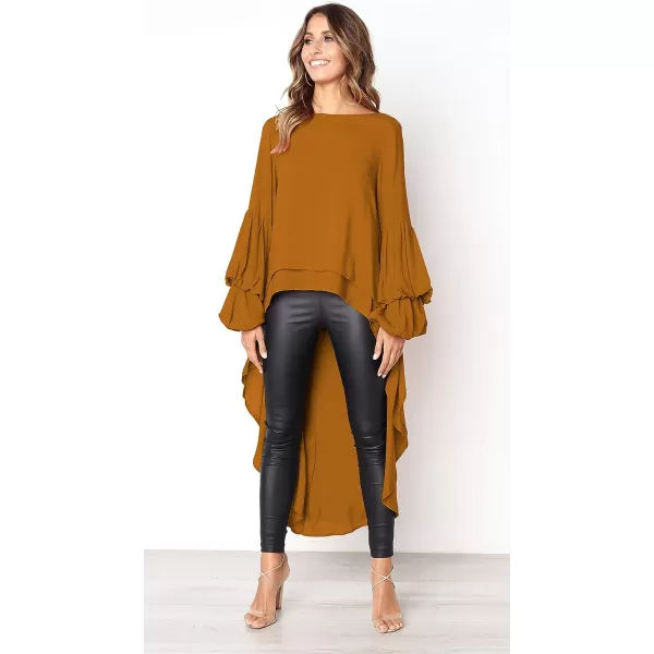 imagePRETTYGARDEN Womens Lantern Long Sleeve Round Neck High Low Asymmetrical Irregular Hem Casual Tops Blouse Shirt DressYellow