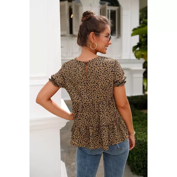 imagePRETTYGARDEN Womens Leopard Blouse Short Puff Sleeve Crewneck Babydoll Shirts Peplum Tunic TopsCoffee