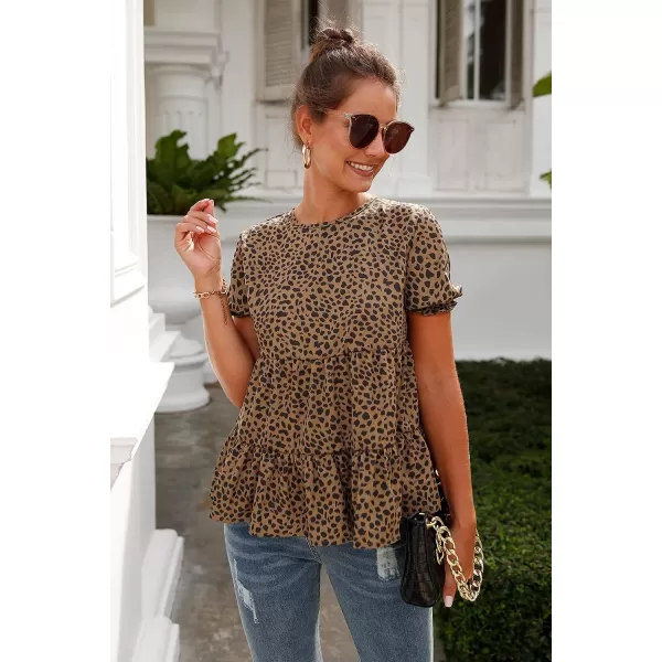 imagePRETTYGARDEN Womens Leopard Blouse Short Puff Sleeve Crewneck Babydoll Shirts Peplum Tunic TopsCoffee