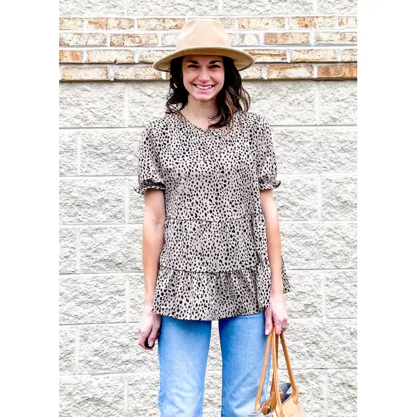 imagePRETTYGARDEN Womens Leopard Blouse Short Puff Sleeve Crewneck Babydoll Shirts Peplum Tunic TopsKhaki