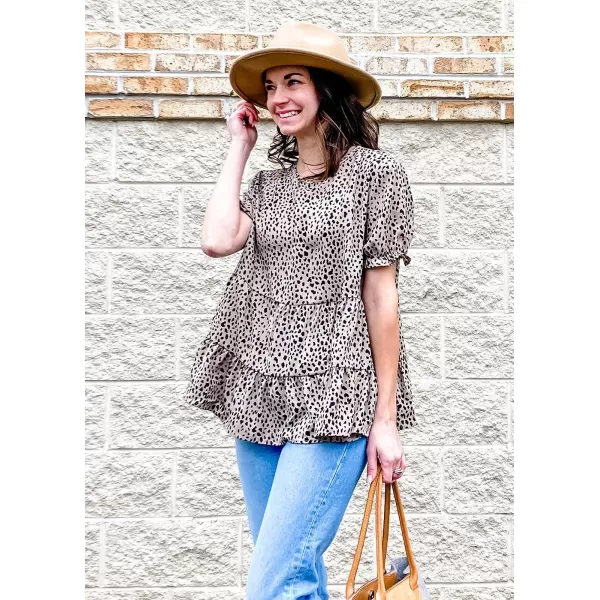imagePRETTYGARDEN Womens Leopard Blouse Short Puff Sleeve Crewneck Babydoll Shirts Peplum Tunic TopsKhaki