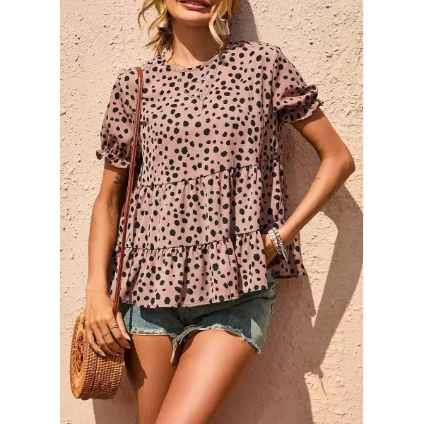 imagePRETTYGARDEN Womens Leopard Blouse Short Puff Sleeve Crewneck Babydoll Shirts Peplum Tunic TopsMauve