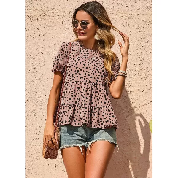 imagePRETTYGARDEN Womens Leopard Blouse Short Puff Sleeve Crewneck Babydoll Shirts Peplum Tunic TopsMauve
