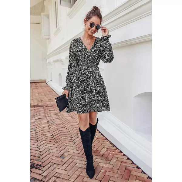 imagePRETTYGARDEN Womens Leopard Mini Dress Long Sleeve V Neck Elastic High Waist Chiffon Swing ALine DressesBlack