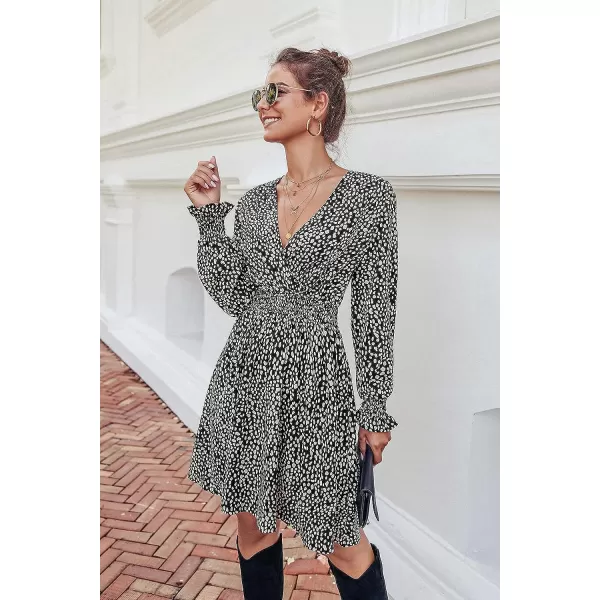imagePRETTYGARDEN Womens Leopard Mini Dress Long Sleeve V Neck Elastic High Waist Chiffon Swing ALine DressesBlack
