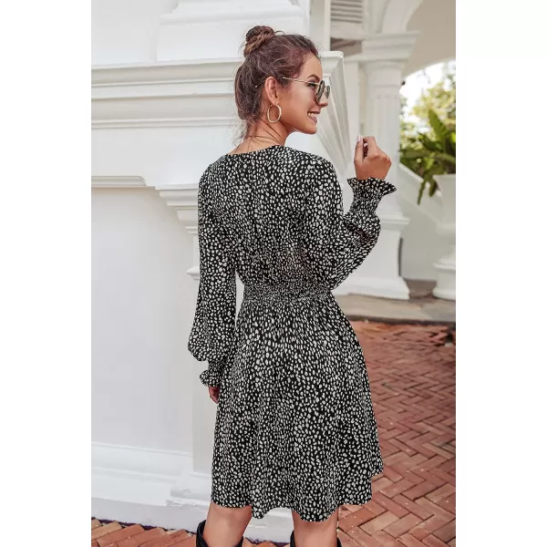 imagePRETTYGARDEN Womens Leopard Mini Dress Long Sleeve V Neck Elastic High Waist Chiffon Swing ALine DressesBlack