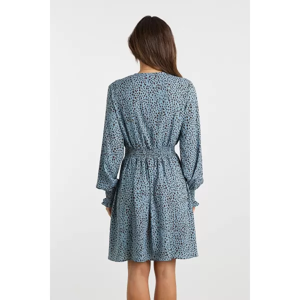 imagePRETTYGARDEN Womens Leopard Mini Dress Long Sleeve V Neck Elastic High Waist Chiffon Swing ALine DressesBlue