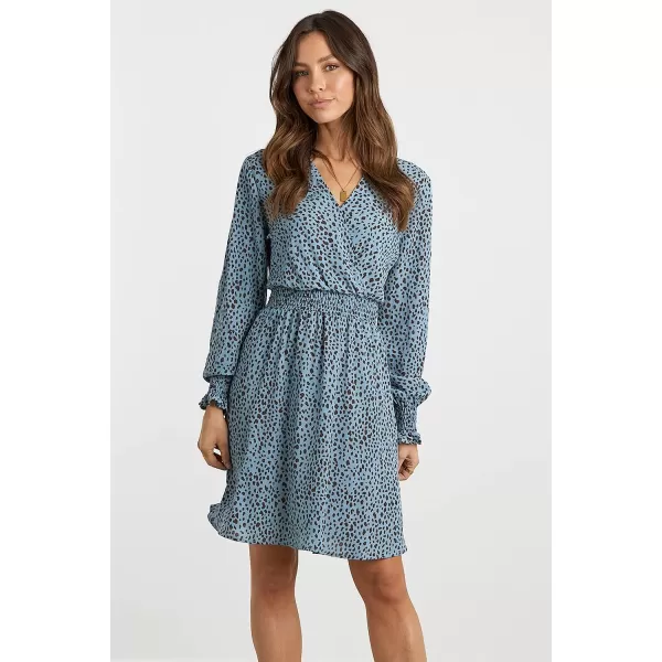 imagePRETTYGARDEN Womens Leopard Mini Dress Long Sleeve V Neck Elastic High Waist Chiffon Swing ALine DressesBlue