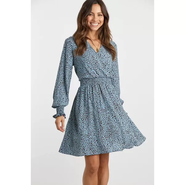 imagePRETTYGARDEN Womens Leopard Mini Dress Long Sleeve V Neck Elastic High Waist Chiffon Swing ALine DressesBlue