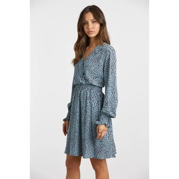 imagePRETTYGARDEN Womens Leopard Mini Dress Long Sleeve V Neck Elastic High Waist Chiffon Swing ALine DressesBlue