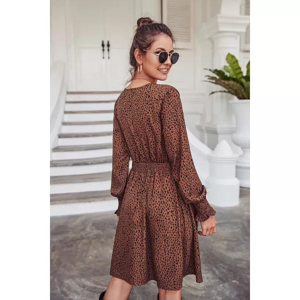imagePRETTYGARDEN Womens Leopard Mini Dress Long Sleeve V Neck Elastic High Waist Chiffon Swing ALine DressesBrown