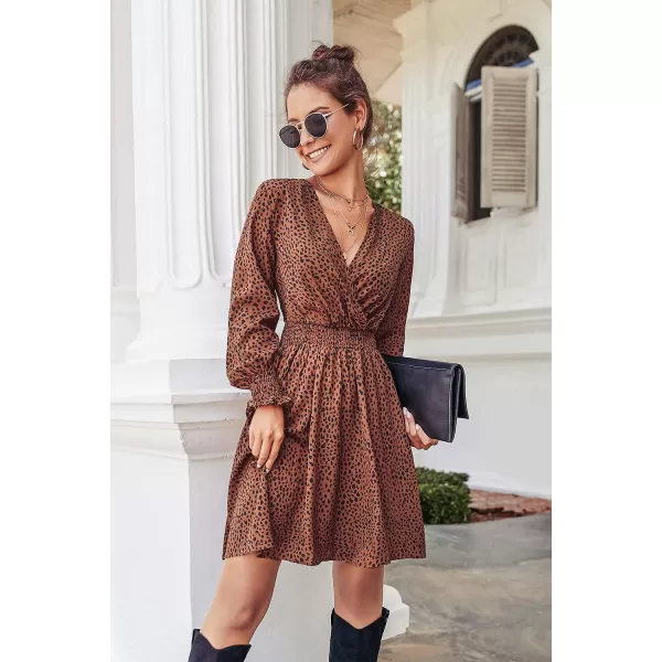 imagePRETTYGARDEN Womens Leopard Mini Dress Long Sleeve V Neck Elastic High Waist Chiffon Swing ALine DressesBrown