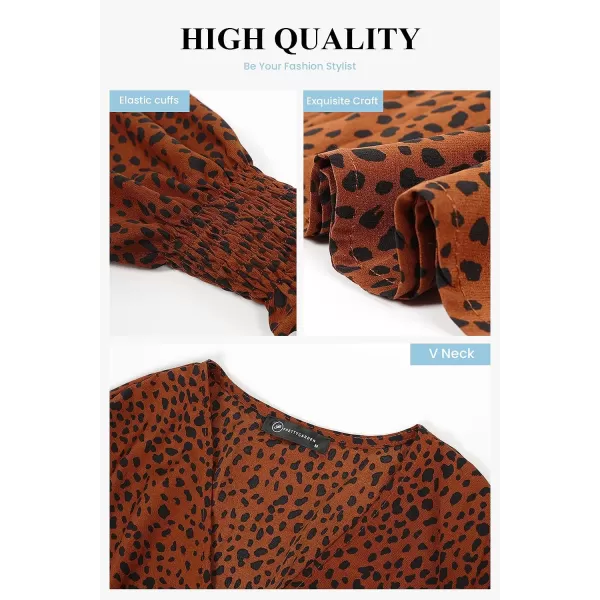 imagePRETTYGARDEN Womens Leopard Mini Dress Long Sleeve V Neck Elastic High Waist Chiffon Swing ALine DressesBrown