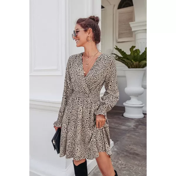imagePRETTYGARDEN Womens Leopard Mini Dress Long Sleeve V Neck Elastic High Waist Chiffon Swing ALine DressesKhaki