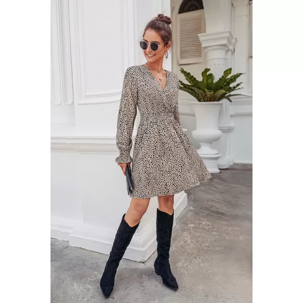 imagePRETTYGARDEN Womens Leopard Mini Dress Long Sleeve V Neck Elastic High Waist Chiffon Swing ALine DressesKhaki