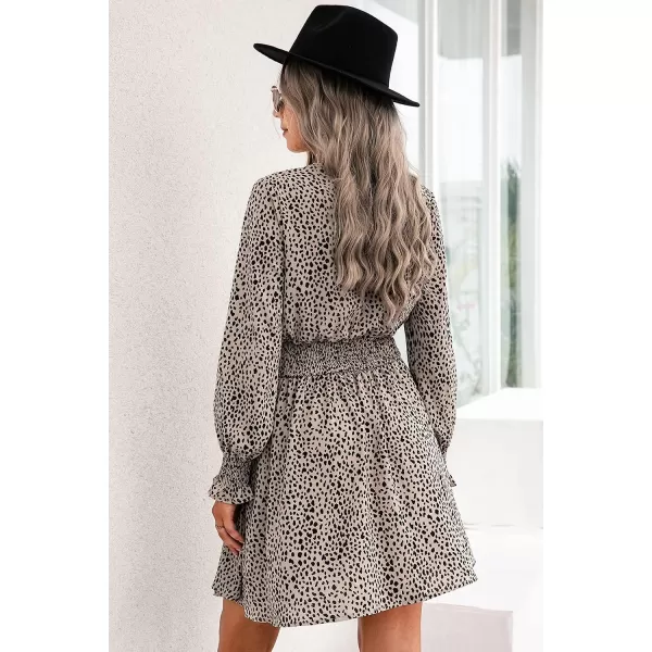 imagePRETTYGARDEN Womens Leopard Mini Dress Long Sleeve V Neck Elastic High Waist Chiffon Swing ALine DressesKhaki